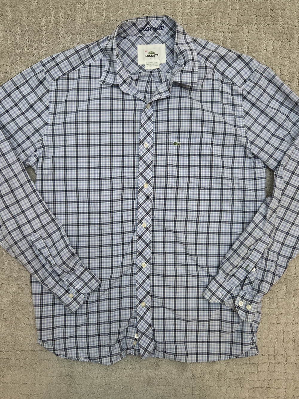 Lacoste Slim Fit Plaid Button Front Shirt Mens 42 Large Blue Long Sleeve
